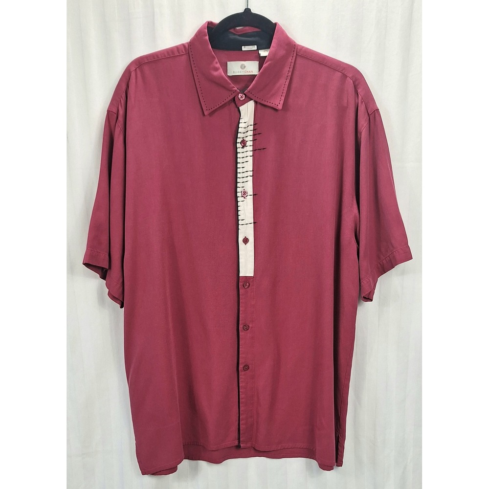 Bobby Chan Mens Silk Bamboo Short Sleeve Button Down Shirt Burgundy Red Large